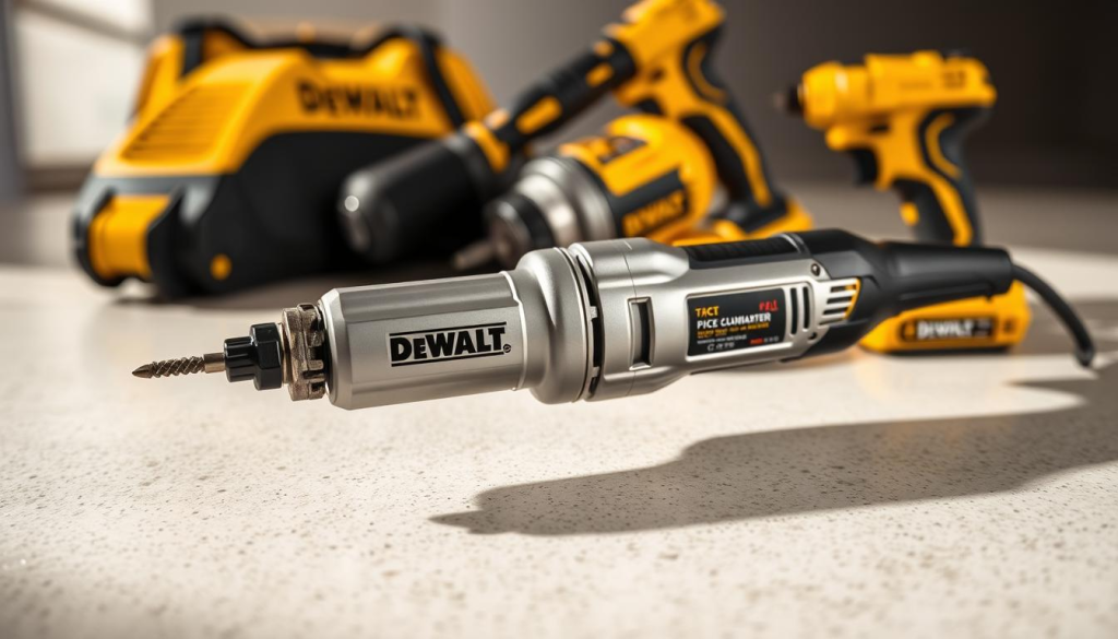 A well-lit, high-resolution close-up photo of a DEWALT 4-Tool Combo Kit, showcasing the oscillating multi-tool in the foreground. The tools are arranged neatly on a clean, neutral-colored surface, with a soft, diffused lighting creating subtle shadows and highlighting the sleek, industrial design of the tools. The oscillating tool is the focal point, its brushed metal body and ergonomic grip visible in crisp detail. The background is slightly blurred, allowing the viewer to focus on the intricate features of the tool. The overall mood is one of precision, power, and professionalism, reflecting the high-quality craftsmanship of the DEWALT brand.