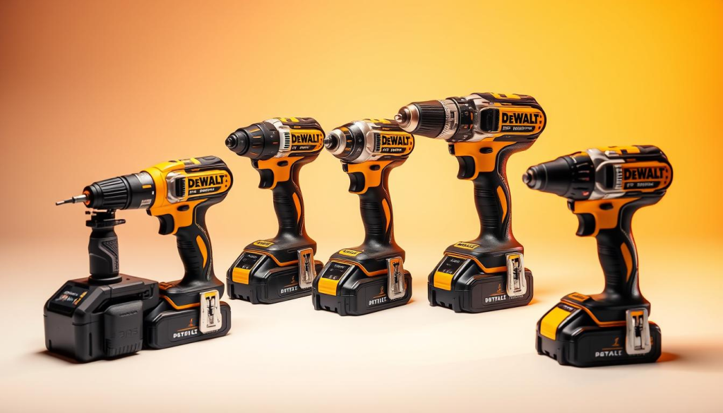 A well-lit, high-resolution close-up photograph of a DEWALT 5-Tool Combo Kit, showcasing the cordless power tools in a clean, uncluttered studio setting. The tools are arranged neatly, with a focus on the sleek, rugged design and vibrant DEWALT branding. Warm, directional lighting highlights the contours and metallic finishes, creating a sense of quality and durability. The background is a simple, neutral color that allows the tools to take center stage, emphasizing their professional-grade capabilities.