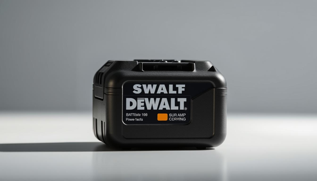 A well-lit, high-resolution close-up photograph of a DEWALT 6 amp battery, showcasing its robust and durable construction. The battery is positioned against a clean, uncluttered background, allowing its sleek black casing and the iconic DEWALT logo to stand out prominently. The image captures the battery's sturdy build, with attention to details like the textured surface, metal terminals, and the battery's compact yet powerful form factor. The lighting is soft and directional, creating subtle shadows that enhance the battery's three-dimensional shape and convey a sense of quality and reliability. The overall mood is one of precision, professionalism, and the confidence that comes with using a trusted power tool accessory.