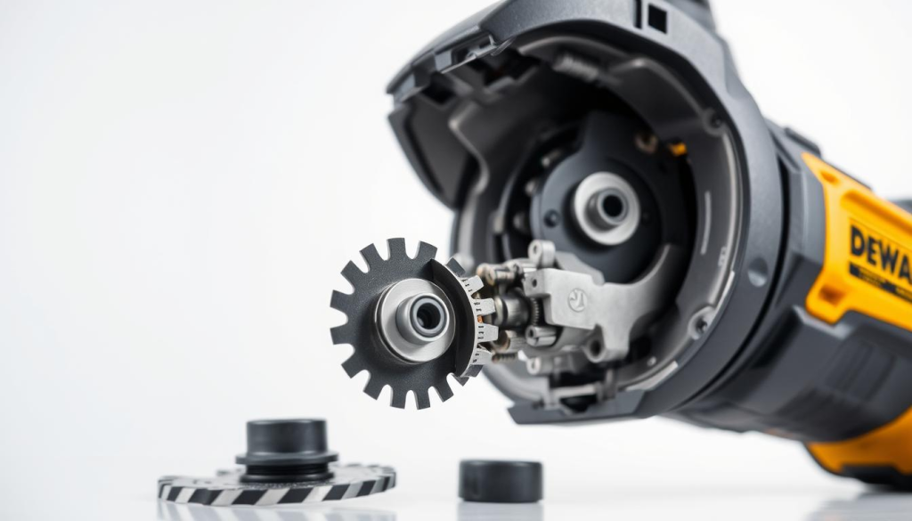 A well-lit, high-resolution close-up photograph of a DEWALT Nibbler tool, showcasing its internal components and maintenance features. The foreground focuses on the tool's disassembled parts, including the cutting blades, gears, and lubricating mechanisms. The middle ground depicts the tool's housing in intricate detail, highlighting its sturdy construction and ergonomic design. The background maintains a clean, neutral tone, allowing the viewer to concentrate on the tool's intricate workings. The overall composition conveys a sense of technical precision and the importance of proper maintenance for optimal performance of this essential metal cutting tool.