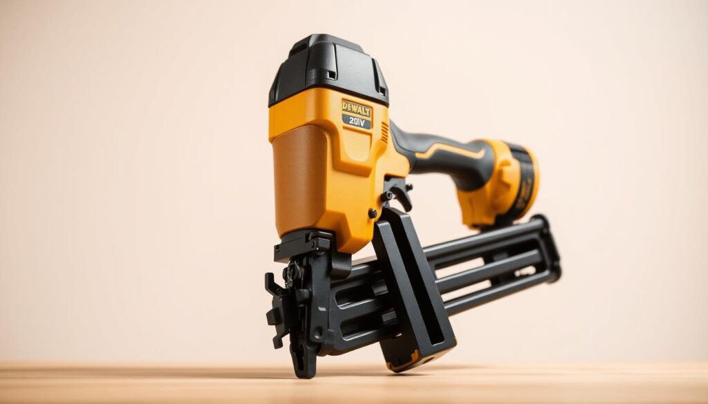 A well-lit, high-resolution close-up photograph of a DeWalt 20V framing nailer against a neutral background. The nailer is in the foreground, showcasing its rugged construction, ergonomic design, and 20V battery pack. The image captures the tool's power and precision, with a sharp focus on the nail magazine, trigger, and adjustable depth settings. Lighting is balanced, casting subtle shadows that accentuate the tool's contours. The overall mood is professional, highlighting the nailer's capabilities for a skilled user.