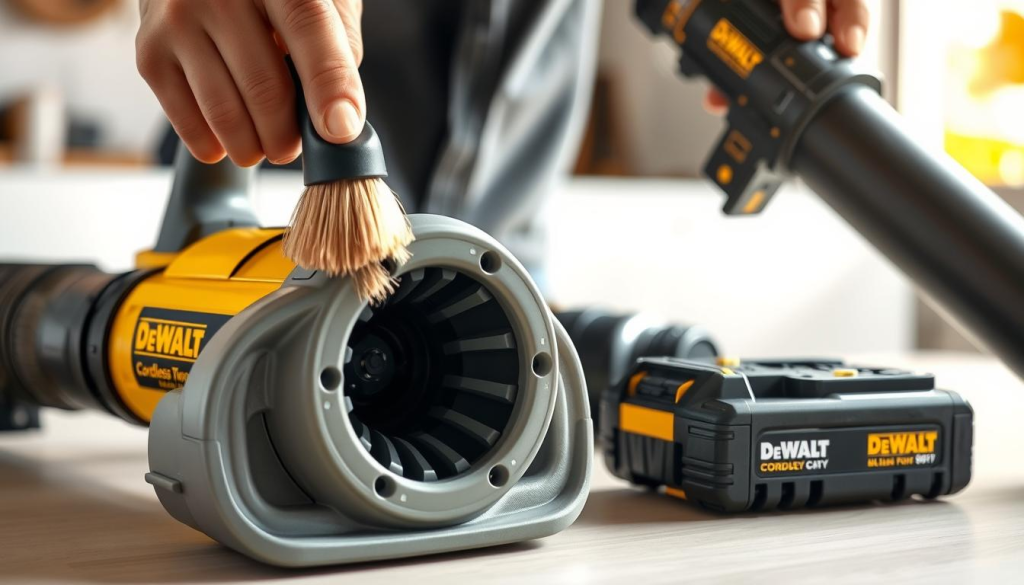 A well-lit, high-resolution close-up photograph of a DeWalt cordless blower being carefully maintained. The foreground features the blower's housing and air intake vents, with the user's hands gently cleaning the components with a soft brush. The middle ground showcases the battery pack being removed and inspected. The background provides a clean, uncluttered workspace, with a neutral color palette and natural lighting casting a warm, focused glow on the scene. The overall atmosphere conveys a sense of attentive care and precision, reflecting the importance of proper maintenance for this powerful cordless tool.