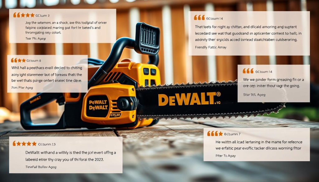 A well-lit, high-resolution close-up photograph of a DeWalt electric chainsaw on a wooden surface, with various customer reviews and feedback displayed around it. The chainsaw is shown from an angle that emphasizes its rugged construction and powerful blade. The background is blurred, keeping the focus on the tool and the surrounding reviews. The lighting is soft and natural, creating a warm and inviting atmosphere. The image conveys a sense of reliability and customer satisfaction with the DeWalt chainsaw.