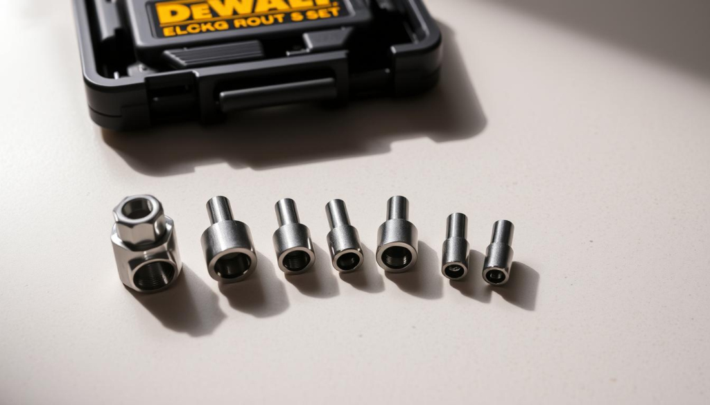 A well-lit, high-resolution, close-up photograph of a DeWalt electrical knockout set, showcasing the various size options. The set is neatly arranged on a clean, neutral-colored surface, with each component clearly visible. The lighting creates sharp shadows and highlights the details of the metal components, emphasizing their durability and precision. The image has a technical, industrial feel, perfectly capturing the essence of this professional-grade tool for efficient electrical installations.