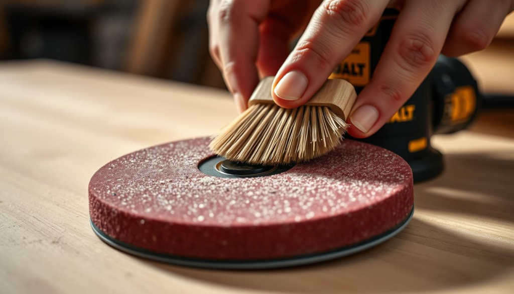 A well-lit, high-resolution close-up photograph of a Dewalt orbital sander pad being cleaned and maintained. The pad is shown in the foreground, with a soft, even lighting that accentuates its textured surface. In the middle ground, a pair of hands is gently brushing the pad with a soft-bristle brush, removing any built-up dust and debris. The background is blurred, creating a sense of focus on the task at hand. The overall scene conveys a sense of care and attention to detail, reflecting the importance of proper sanding pad maintenance for achieving professional-quality results.