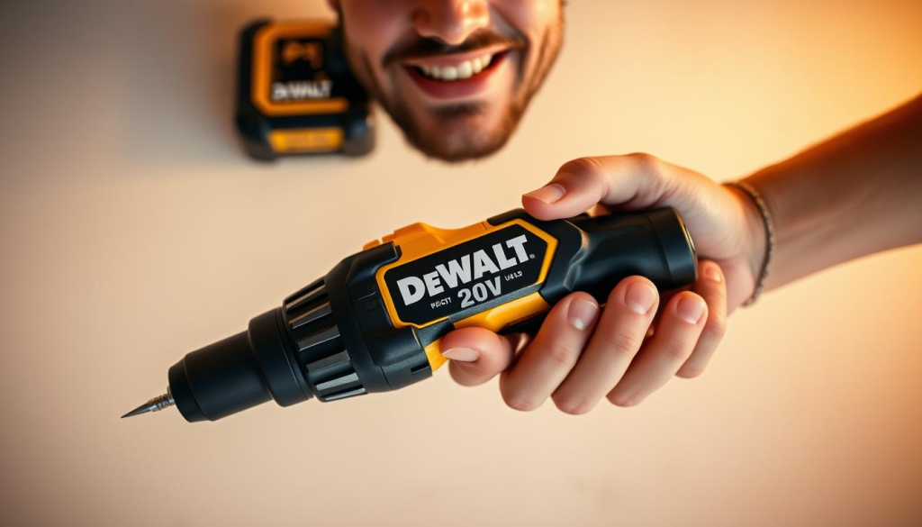 A well-lit, high-resolution close-up photograph of a customer's hands holding a DEWALT 20V cordless power tool, with the tool's name and battery visible. The customer's facial expression should convey a sense of satisfaction and approval. The background should be a clean, neutral surface that allows the subject to be the focal point. The lighting should be warm and inviting, highlighting the tool's features and the customer's hands. The overall composition should be balanced and visually appealing, showcasing the DEWALT 20V as a reliable and user-friendly cordless solution.