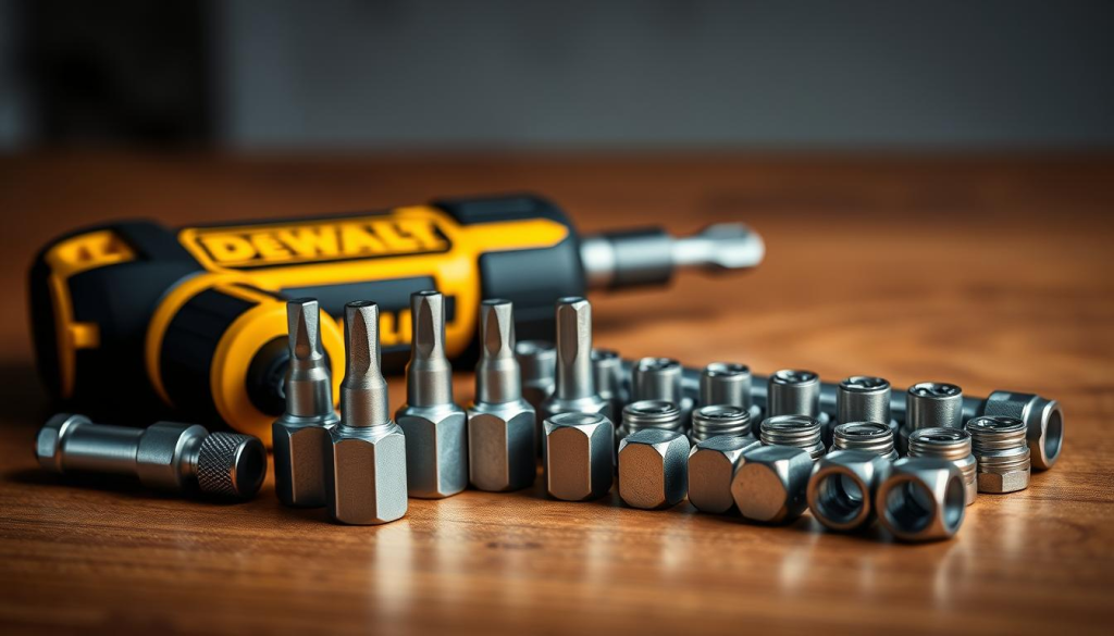 A well-lit, high-resolution close-up photograph of a durable Dewalt nut driver set, showcasing the individual drivers and accessories arranged neatly on a wooden surface. The set features a mix of various sizes and shapes, with the metallic components reflecting the light and creating a sleek, professional appearance. The background is slightly blurred, emphasizing the focus on the product itself and its premium quality. The overall mood is one of precision, reliability, and the confidence that comes with using a trusted Dewalt tool set.
