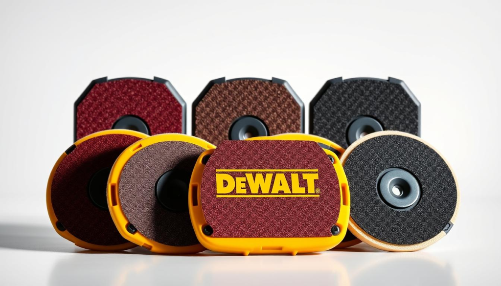 A well-lit, high-resolution close-up photograph of a set of DEWALT oscillating tool sanding pads, showcased against a clean, minimalist background. The pads are arranged in an organized, visually appealing layout, highlighting their various grits and textures. Crisp, detailed lighting brings out the sleek, sturdy construction and vibrant color scheme of the DEWALT branding. The image conveys a sense of precision, quality, and the tool's versatility in enhancing DIY projects. The composition emphasizes the pads' utility and the brand's reputation for reliable, high-performance accessories.