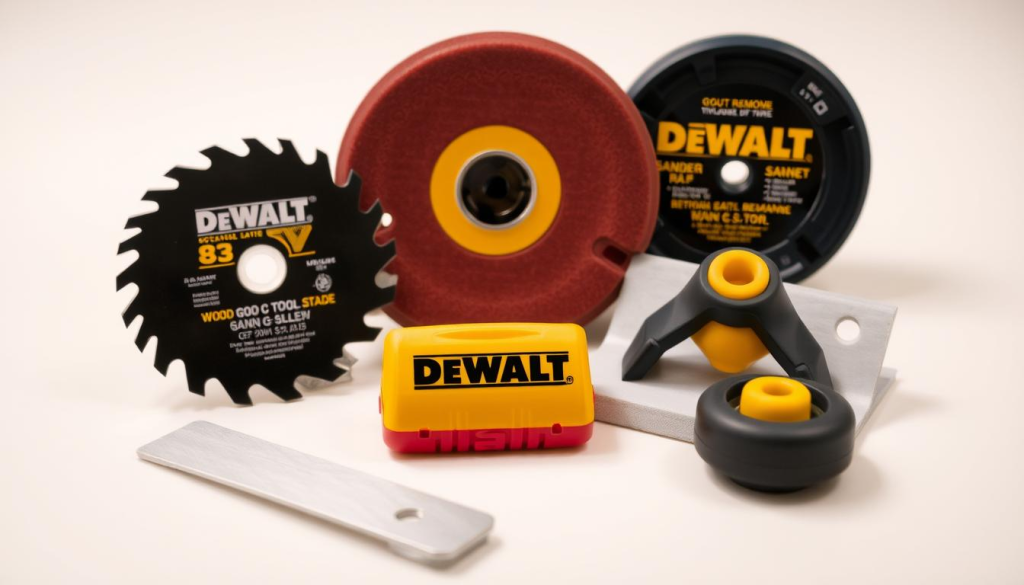 A well-lit, high-resolution close-up photograph of a variety of DEWALT oscillating tool accessories, including a wood-cutting blade, a sanding pad, a scraper, and a grout-removal attachment, arranged neatly on a clean, light-colored surface. The accessories are displayed in the foreground, showcasing their intricate details and materials, with a plain, uncluttered background to highlight the products. The lighting is soft and diffused, creating a professional, high-quality look that emphasizes the quality and versatility of the DEWALT oscillating tool accessories.