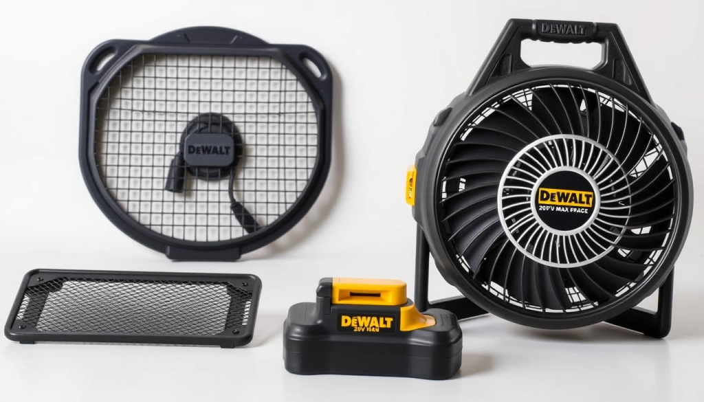 A well-lit, high-resolution close-up photograph of various DeWalt 20V MAX Jobsite Fan accessories and add-ons, including a metal mesh grill, a plastic stand, and a rubberized carrying handle. The accessories are arranged neatly on a clean, neutral-colored background, showcasing their design, texture, and compatibility with the fan. The lighting is even and natural, highlighting the sleek, durable construction of the accessories. The composition emphasizes the versatility and customization options available for the DeWalt fan, inviting the viewer to consider how these accessories could enhance the fan's functionality and user experience.