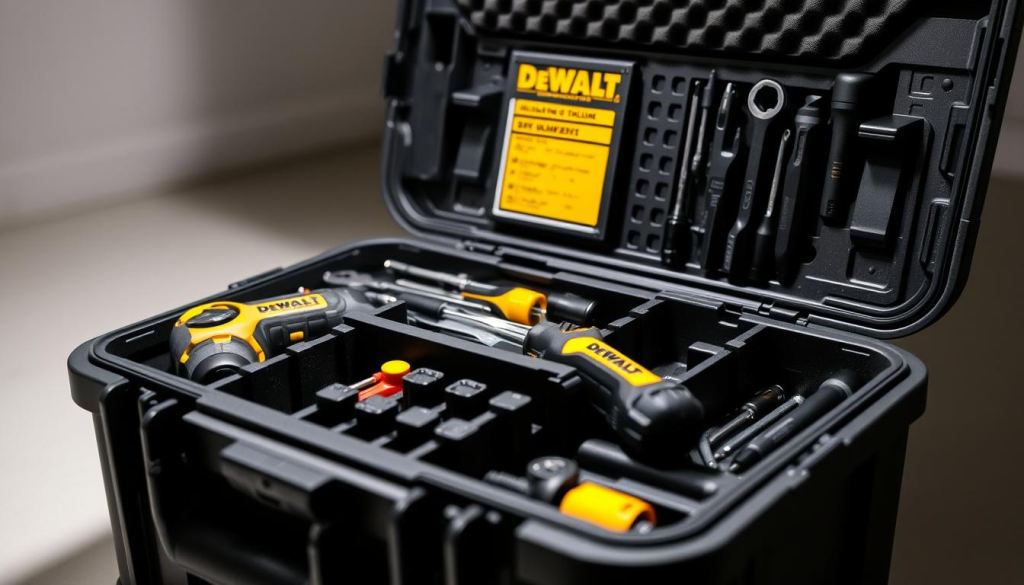 A well-lit, high-resolution close-up shot of a DEWALT TSTAK tool storage case, showcasing its internal organization and maintenance features. The case is open, revealing its various compartments and dividers, neatly arranged with an assortment of DEWALT tools, including a screwdriver, socket wrench, and pliers. The lighting is soft and directional, highlighting the case's sturdy construction and sleek black finish. The background is a neutral, clean workspace, allowing the TSTAK system to be the focal point. The overall impression is one of efficiency, organization, and attention to detail, reflecting the "Maintaining Your DEWALT TSTAK" section of the article.