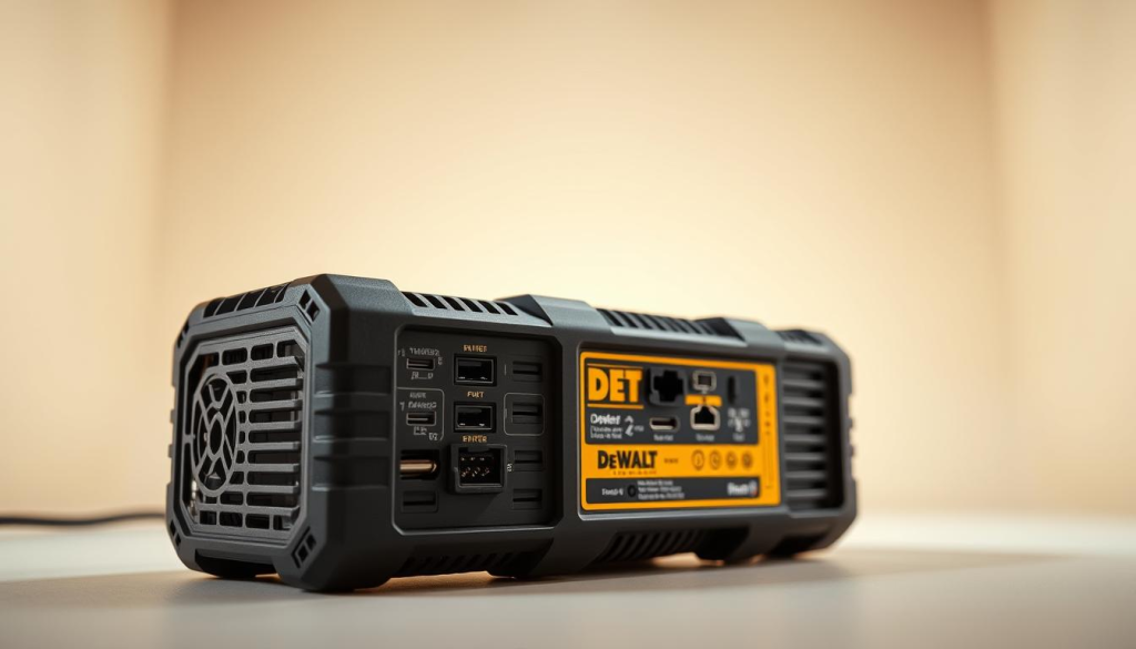 A well-lit, high-resolution close-up shot of a DEWALT inverter device, showcasing its key features and benefits. The foreground depicts the inverter itself, with a clean, modern design and prominent DEWALT branding. The middle ground highlights the various ports, outlets, and controls, emphasizing the versatility and connectivity of the device. The background features a minimalist, off-white setting, allowing the inverter to take center stage. The lighting is soft and directional, creating a warm, professional atmosphere that accentuates the product's quality and reliability. The overall composition conveys the DEWALT inverter's power, portability, and ability to provide reliable, on-the-go electrical power for a wide range of applications.