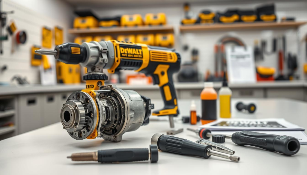 A well-lit, high-resolution close-up shot of a DEWALT right angle drill in a clean, professional workshop setting. The drill is disassembled, with its inner components carefully laid out on a pristine workbench. The foreground features the drill's motor, gears, and other intricate parts, showcasing their precise engineering and maintenance requirements. The middle ground includes specialized tools, lubricants, and a manual, suggesting the thorough maintenance process. The background is blurred, but hints at a tidy, organized workspace with shelves of DEWALT products. The overall mood is one of technical expertise, attention to detail, and pride in maintaining a high-quality power tool.