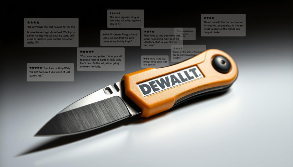 A well-lit, high-resolution close-up shot of a DEWALT utility knife, its gleaming steel blade and ergonomic handle prominently displayed. In the background, a collage of customer review excerpts floats ethereally, reflecting the diverse perspectives and experiences of real-world users. The overall composition conveys a sense of quality, reliability, and a deep appreciation for the DEWALT brand's commitment to craftsmanship.