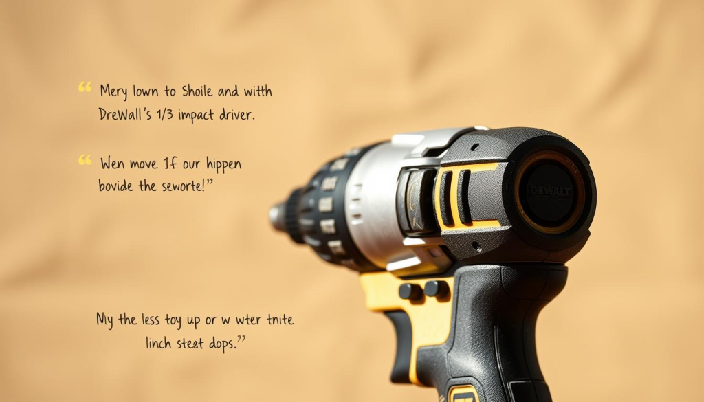 A well-lit, high-resolution close-up shot of a DeWalt 1/2" impact driver against a clean, neutral background. The driver should be positioned in the foreground, showcasing its sturdy metallic casing, grip, and power switch. In the middle ground, include a few user testimonials and product reviews, conveyed through subtle, handwritten-style text overlays that complement the industrial aesthetic. The background should have a slightly blurred, out-of-focus effect, creating a sense of depth and focus on the driver itself. Warm, natural lighting should illuminate the scene, highlighting the tool's premium construction and functionality.