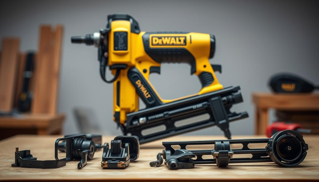 A well-lit, high-resolution close-up shot of a DeWalt electric finish nailer, meticulously maintained and disassembled on a clean workbench. The foreground features the disassembled components, including the nail magazine, trigger mechanism, and drive piston, all arranged in an organized manner. The middle ground showcases the nailer's exterior, with a focus on its ergonomic design and robust construction. The background is a softly blurred, neutral-toned workspace, emphasizing the attention to detail and care required for proper maintenance. The overall mood is one of precision, professionalism, and a dedication to keeping the tool in optimal working condition.