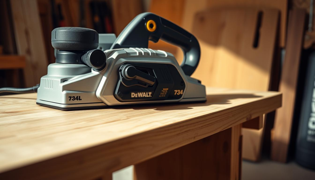 A well-lit, high-resolution close-up shot of a Dewalt 734 planer, showcasing its rugged and professional-grade design. The planer is positioned on a clean, wooden workbench, casting a subtle shadow on the surface. The brushed metal housing and precision controls are visible, conveying a sense of quality and durability. The image is captured at a 45-degree angle, highlighting the planer's sleek profile and emphasizing its impressive dimensions. The lighting is soft and diffused, creating a warm, inviting atmosphere that complements the product's industrial aesthetic. The overall composition exudes a sense of thoughtful craftsmanship and attention to detail, perfectly suited to illustrate the user reviews and testimonials for this powerful woodworking tool.