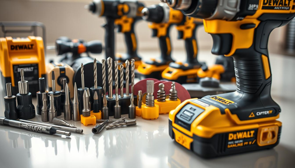 A well-lit, high-resolution close-up shot of a variety of DEWALT power tool accessories, including screwdriver bits, drill bits, sanding discs, and a cordless drill in the foreground. The accessories are neatly arranged on a clean, reflective surface, capturing the precision and durability of DEWALT products. The middle ground features a selection of compatible power tools, showcasing the versatility of the accessory lineup. The background is softly blurred, allowing the tools to be the main focus. The overall composition and lighting convey a sense of professionalism, quality, and the ability to get the most out of your DEWALT power tools.