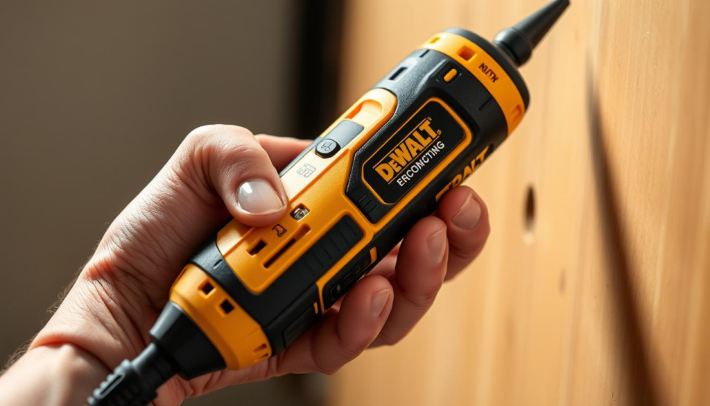 A well-lit, high-resolution close-up view of a DEWALT oscillating multi-tool, showcasing its ergonomic design. The tool is held in a user's hand, with the fingers comfortably gripping the soft-touch handle. The tapered body and balanced weight distribution are evident, allowing for precise control and reduced fatigue during extended use. The multi-tool's low-profile profile and strategically placed buttons are easily accessible, facilitating seamless operation. The image captures the tool's sleek, modern aesthetic and the attention to user-centric design that enhances the overall experience.