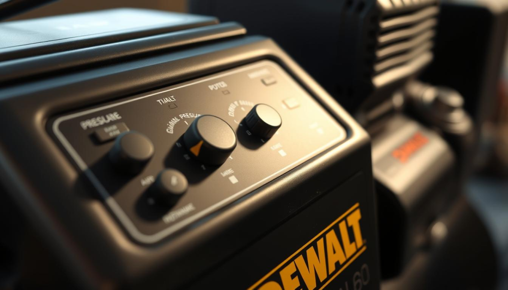 A well-lit, high-resolution close-up view of the control panel of a DeWalt 60 gallon air compressor, captured at a slight angle to highlight its user-friendly design. The panel features a clean, intuitive layout with large, clearly labeled buttons and knobs for adjusting air pressure, regulating airflow, and monitoring the compressor's status. The metallic surface gleams under soft, directional lighting, conveying a sense of quality and precision engineering. The background is blurred, keeping the focus firmly on the compressor's thoughtfully designed control interface.