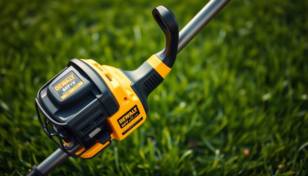 A well-lit, high-resolution closeup photograph of a DEWALT 60V string trimmer against a blurred, lush green lawn background. The trimmer is positioned diagonally, taking up the foreground, showcasing its sleek, yellow and black design with bold DEWALT branding. The trimmer's guard, spool, and cutting head are in sharp focus, highlighting the tool's precision and power. The background features a slightly out-of-focus, verdant lawn, suggesting the trimmer's ability to tackle different landscape types. The overall mood is one of quality, capability, and suitability for various lawn maintenance tasks.