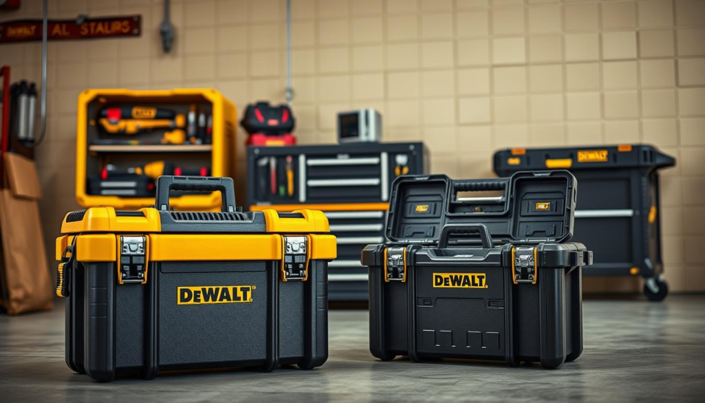 A well-lit, high-resolution comparison of DEWALT tool storage solutions, showcasing their rugged design and practical features. In the foreground, a DEWALT Tough System toolbox stands prominently, its sturdy construction and organized interior clearly visible. In the middle ground, a DEWALT modular storage unit displays its modular capabilities, allowing for customizable storage. In the background, a DEWALT portable workshop cart demonstrates its versatility, with ample space for tools and accessories. The scene is captured with a crisp, professional-grade camera lens, highlighting the attention to detail and quality of the DEWALT brand. The overall atmosphere conveys the durability, functionality, and reliability that define the DEWALT Tough System.