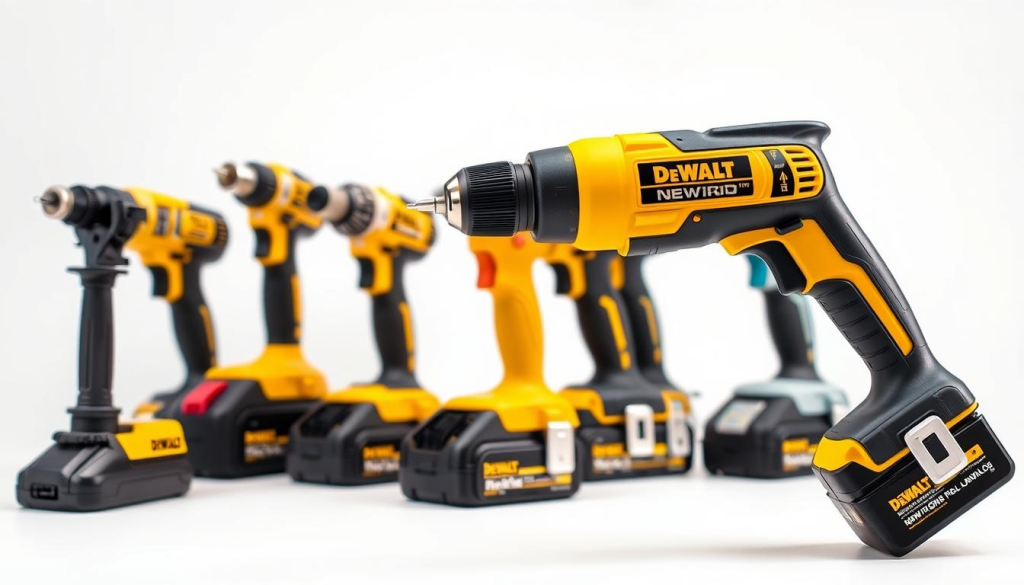 A well-lit, high-resolution comparison of DeWalt's powerful mag drill with its top competitors. The DeWalt drill prominently displayed in the foreground, its sleek design and sturdy construction clearly visible. In the middle ground, the competing models are neatly arranged, allowing a side-by-side evaluation of their features and capabilities. The background is a clean, neutral setting, allowing the drills to take center stage. Carefully composed to showcase the power, precision, and versatility that distinguish the DeWalt mag drill from the rest.