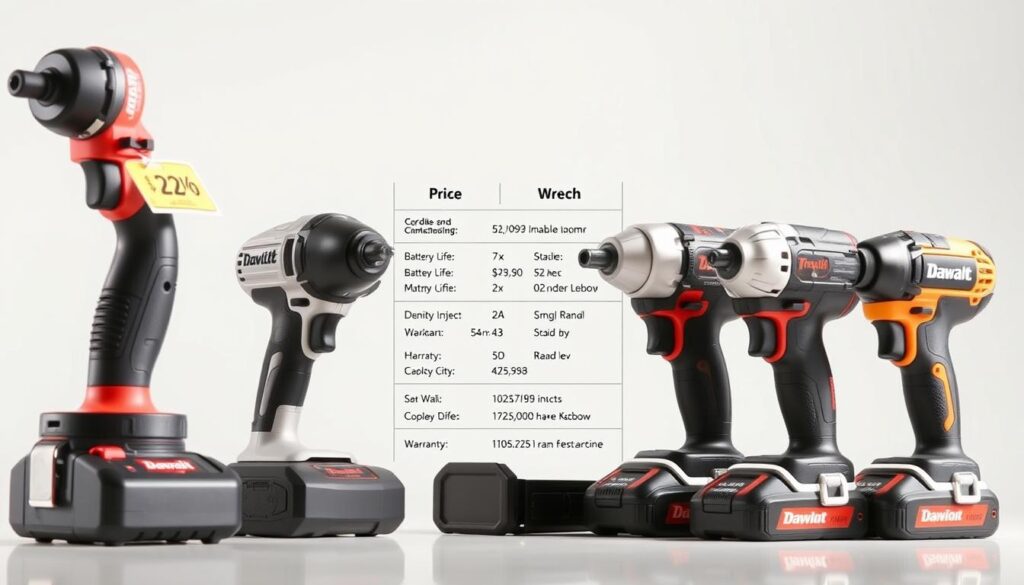 A well-lit, high-resolution comparison of cordless impact wrenches from leading brands, showcasing their prices and key specifications. The foreground features the wrenches themselves, arranged neatly in a row with their respective price tags prominently displayed. The middle ground provides additional details such as torque ratings, battery life, and warranty information. The background has a clean, minimalist design, allowing the products to take center stage and highlighting their value proposition. The overall composition conveys a sense of professionalism and objectivity, suitable for an informative article on the topic.