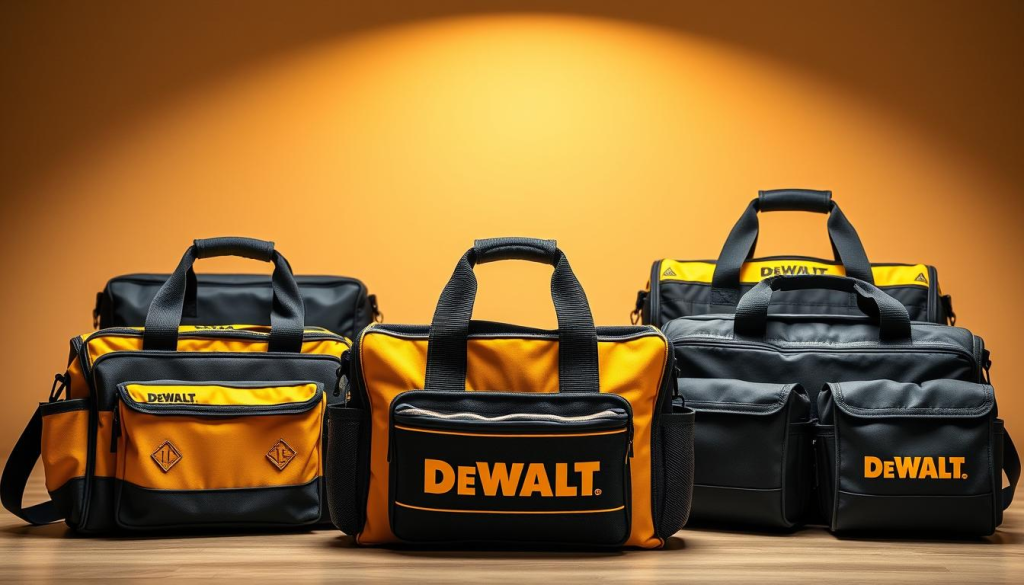 A well-lit, high-resolution comparison scene showcasing three sturdy DEWALT tool bags in the foreground, arrayed alongside similar offerings from competitor brands. The DEWALT bags stand out with their distinctive yellow and black color scheme, reinforced construction, and thoughtfully designed pockets and compartments. The middle ground features a clean, minimalist backdrop, allowing the bags to take center stage. Subtle warm lighting from above casts a pleasant glow, highlighting the robust materials and premium craftsmanship of the DEWALT products. The overall composition conveys a sense of durability, functionality, and brand superiority.