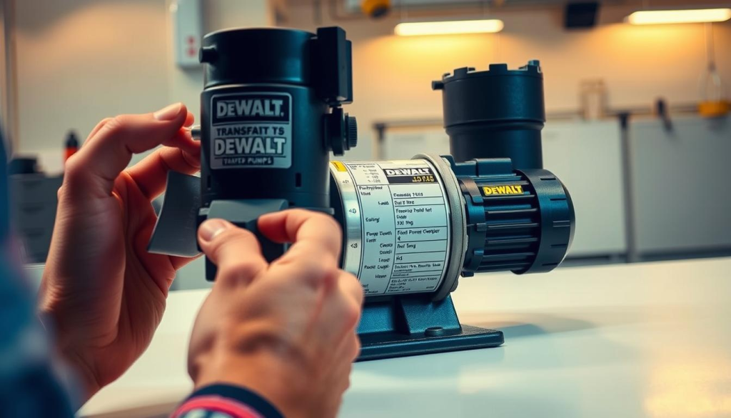A well-lit, high-resolution image depicting the careful selection of a DEWALT transfer pump. In the foreground, a person's hands examine the pump's specifications, meticulously evaluating the flow rate, pressure capabilities, and power requirements. The middle ground showcases the pump's sleek, durable design, with attention to engineering details like the intake and output fittings. In the background, a clean, minimalist workspace provides a professional, technical atmosphere, emphasizing the importance of this decision-making process. The lighting is warm and directional, highlighting the pump's functional features and conveying a sense of expertise and consideration. The overall composition creates a balanced, informative scene that visually supports the article's focus on choosing the right DEWALT transfer pump.