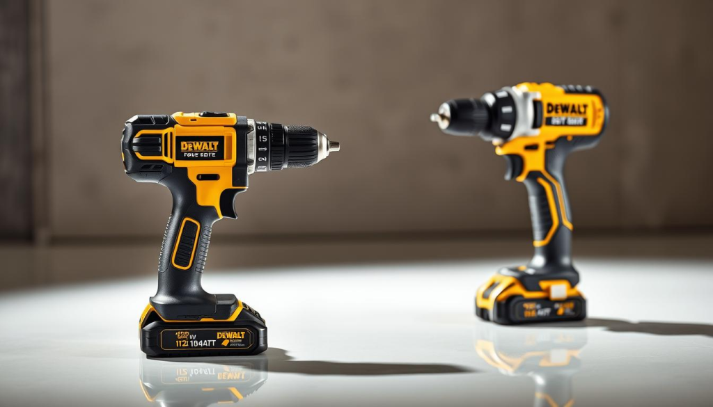 A well-lit, high-resolution image of a DEWALT 12V cordless power tool combo kit, showcasing the compact and versatile design. The kit features a drill/driver and an impact driver, both with textured rubberized grips and metal gear housings for durability. The tools are arranged in the foreground on a clean, reflective surface, allowing the viewer to appreciate their sleek and modern aesthetic. The middle ground features a muted, blurred background that emphasizes the tools, while the lighting casts subtle shadows to accentuate the contours and textures. The overall atmosphere conveys a sense of power, reliability, and the advantages of DEWALT's 12V cordless system for professional-grade performance in a compact form factor.