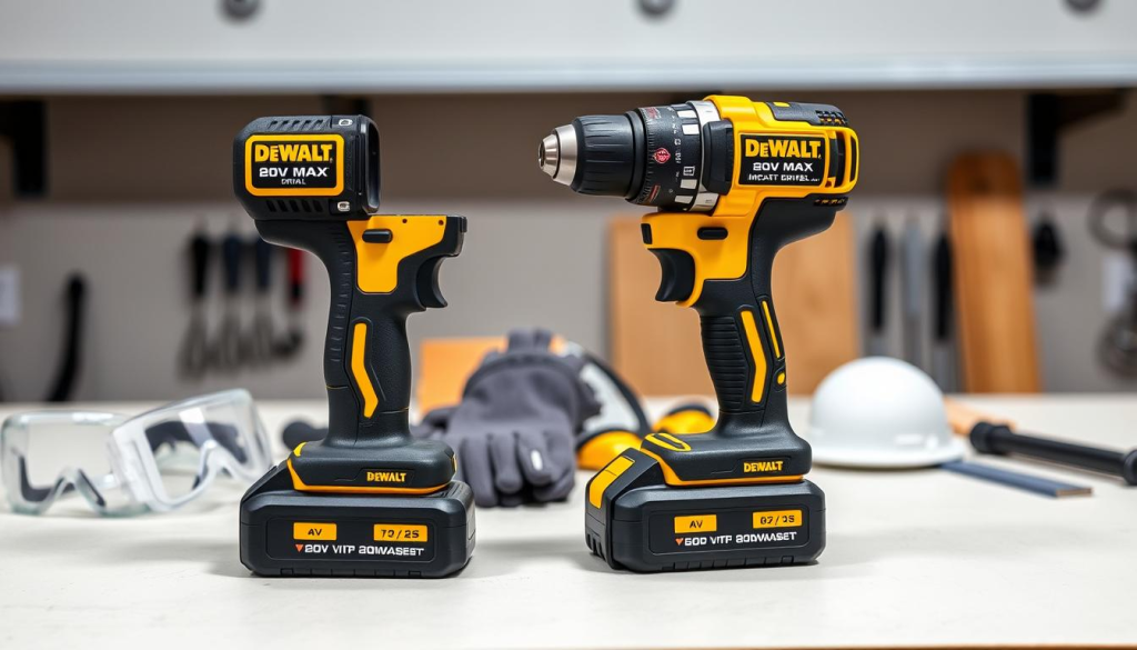 A well-lit, high-resolution image of a DEWALT 20V MAX cordless drill and impact driver set placed on a clean, clutter-free workbench. The power tools are positioned prominently in the foreground, showcasing their sleek, black and yellow design. In the middle ground, safety gear such as protective goggles, gloves, and a dust mask are neatly arranged, emphasizing the importance of safety when using power tools. The background features a neutral, slightly blurred workspace, creating a sense of focus on the DEWALT set and the associated safety equipment. The overall mood is one of professionalism, attention to detail, and a commitment to responsible power tool usage.