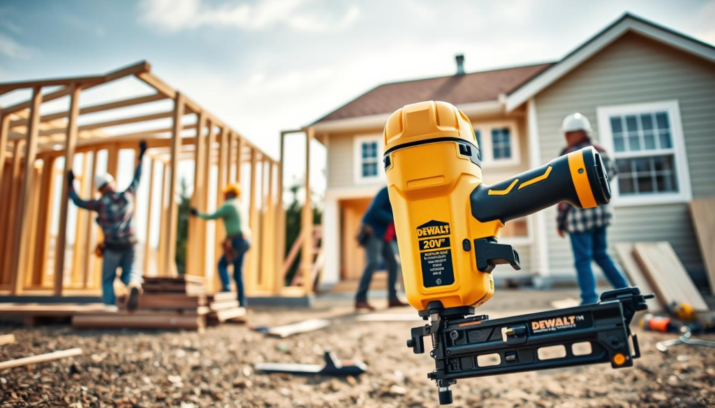 A well-lit, high-resolution image of a DEWALT 20V cordless framing nailer being used on various real-world construction and carpentry projects. The nailer is shown in the foreground, with a clear view of its body, trigger mechanism, and nail magazine. The middle ground features workers using the nailer to assemble a wooden frame, secure floor joists, and install siding on a residential home. The background showcases a partially constructed house, with tools and building materials scattered around the worksite, conveying a sense of active, precision-focused construction work. The overall scene should capture the power, versatility, and practical applications of the DEWALT 20V framing nailer in a professional, working environment.