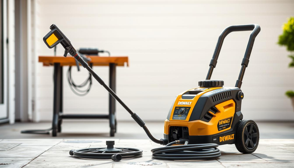 A well-lit, high-resolution image of a DEWALT 3400 PSI pressure washer setup. The pressure washer is placed in the foreground, with the spray wand and hose neatly arranged. In the middle ground, a sturdy workbench or table provides a stable surface for the equipment. The background features a clean, uncluttered outdoor space, such as a patio or driveway, bathed in soft, natural lighting. The overall scene conveys a sense of order, efficiency, and the power of the DEWALT pressure washer to tackle outdoor cleaning tasks with ease.