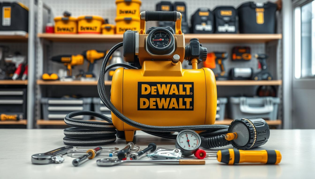 A well-lit, high-resolution image of a DEWALT 4.5 gallon air compressor in a well-organized workshop setting. The compressor is prominently displayed in the center, showcasing its key features like the pressure gauge, air hose, and power switch. In the foreground, various tools and accessories related to air compressor maintenance and troubleshooting are neatly arranged, including a wrench, a screwdriver, and a pressure gauge. The background features shelves with additional DEWALT tools and equipment, conveying a sense of professionalism and attention to detail. The overall scene is captured with a clean, technical aesthetic, emphasizing the compressor's durability and reliability.