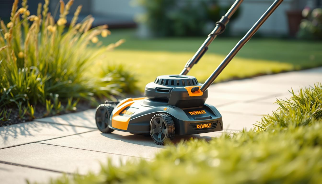 A well-lit, high-resolution image of a DEWALT 60V cordless lawn mower, shot from a slightly elevated angle to showcase its sleek, modern design. The mower is prominently featured in the center of the frame, with a soft, blurred background that emphasizes the machine's clean lines and sturdy construction. The mower's battery pack is clearly visible, highlighting its cordless functionality. The overall scene conveys a sense of effortless power and convenience, reflecting the user experience of this advanced, battery-operated lawn care tool.