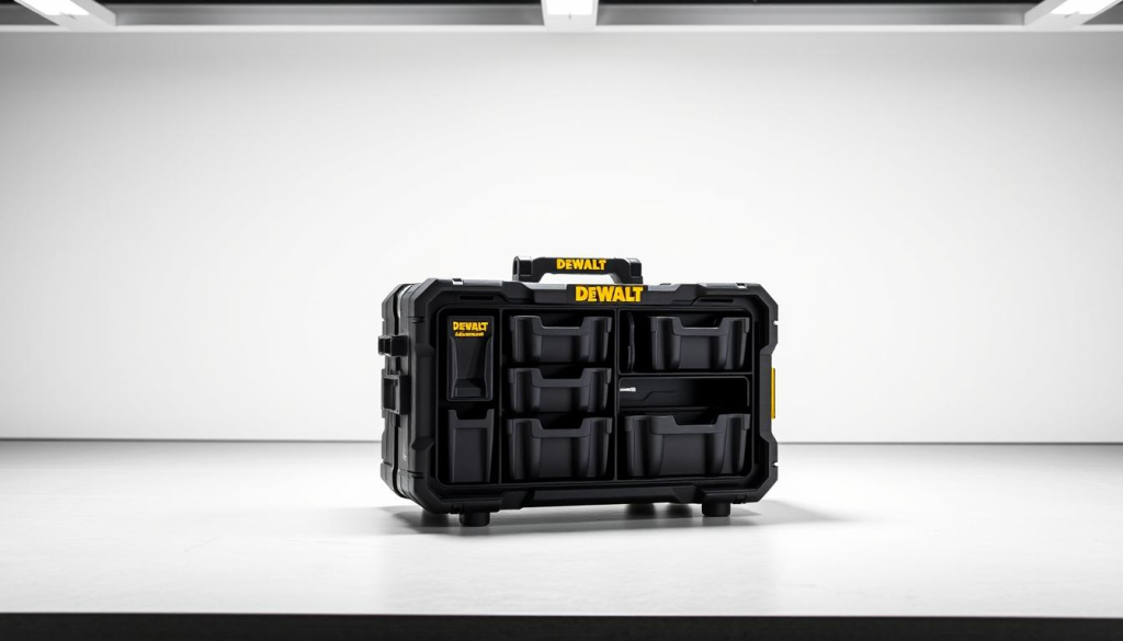 A well-lit, high-resolution image of a DEWALT PACKOUT organizer with a sleek, modular design. The organizer is positioned in the center of the frame, showcasing its various compartments and durable construction. The background is a clean, neutral workspace, emphasizing the organization and efficiency of the PACKOUT system. The lighting is bright and diffused, accentuating the organizer's sturdy build and the precision of its engineering. The camera angle is slightly elevated, providing a clear, unobstructed view of the PACKOUT organizer's features and layout, capturing its essential role in maintaining an organized worksite.