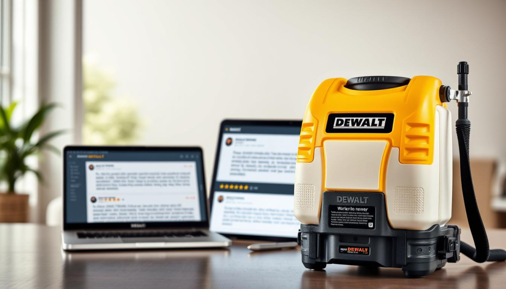 A well-lit, high-resolution image of a DEWALT backpack sprayer with multiple customer review excerpts displayed on a laptop screen. The sprayer is prominently featured in the foreground, with a clean, modern design and a mix of positive and constructive reviews visible on the laptop screen in the middle ground. The background is a clean, minimalist office or workspace setting with hints of nature visible through a window, conveying a sense of productivity and real-world application. The lighting is natural and balanced, emphasizing the product details and showcasing the review content clearly. The overall mood is professional, informative, and customer-focused.