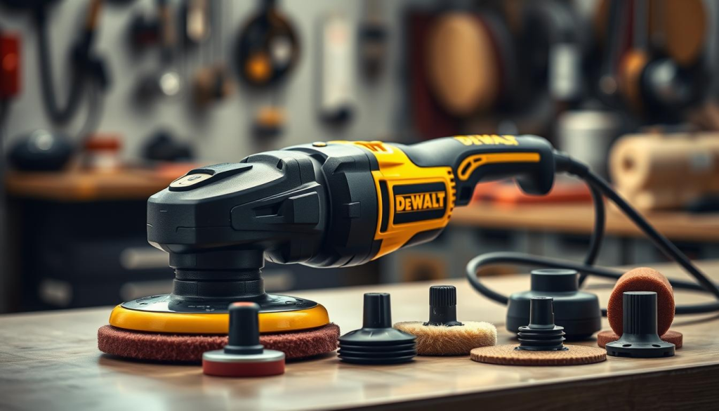 A well-lit, high-resolution image of a DEWALT buffer polisher in a professional workshop setting. The device is prominently displayed on a clean workbench, its sleek black and yellow design gleaming under warm, diffused lighting. The polisher's various attachments and accessories are neatly arranged nearby, showcasing its versatility. The background is blurred, focusing attention on the tool's intricate details and robust construction. The mood is one of precision, reliability, and user satisfaction, reflecting the positive testimonials and reviews that would be featured in the article's "User Reviews and Testimonials" section.