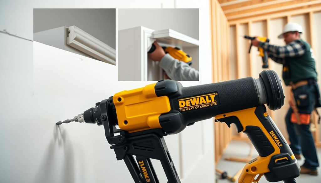 A well-lit, high-resolution image of a DEWALT drywall screw gun being used for various drywall applications. In the foreground, the screw gun is shown driving screws into drywall panels, with the drill bit visibly spinning. In the middle ground, the image depicts the screw gun being used to install drywall corner bead, and in the background, a worker is using the screw gun to secure drywall sheets to wall studs. The scene is set in a clean, organized construction site, with natural lighting illuminating the tools and materials. The overall mood is professional and focused, showcasing the versatility and power of the DEWALT drywall screw gun.