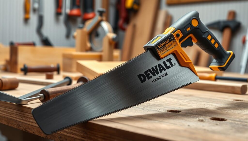 A well-lit, high-resolution image of a DEWALT hand saw resting on a woodworking bench, showcasing its robust construction, sharp teeth, and ergonomic handle. The saw is positioned in the foreground, with its blade angled to reveal its impressive teeth and intricate design. The middle ground features a variety of woodworking tools, including chisels, clamps, and a miter box, creating a functional and organized workspace. The background is softly blurred, emphasizing the saw as the focal point. The overall scene conveys a sense of craftsmanship, precision, and the versatility of the DEWALT hand saw for effective woodworking.