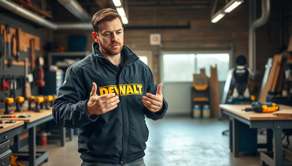 A well-lit, high-resolution image of a DEWALT heated jacket being worn and reviewed by a male construction worker standing in a workshop setting. The jacket has a prominent DEWALT logo and is in a neutral color like black or gray. The worker is examining the jacket, gesturing with his hands, and appears to be in a thoughtful, evaluative pose. The background features various power tools, workbenches, and other industrial equipment, conveying a professional, job-site atmosphere. Soft, warm lighting illuminates the scene, creating a sense of comfort and utility. The overall mood is one of practical assessment and genuine user experience.