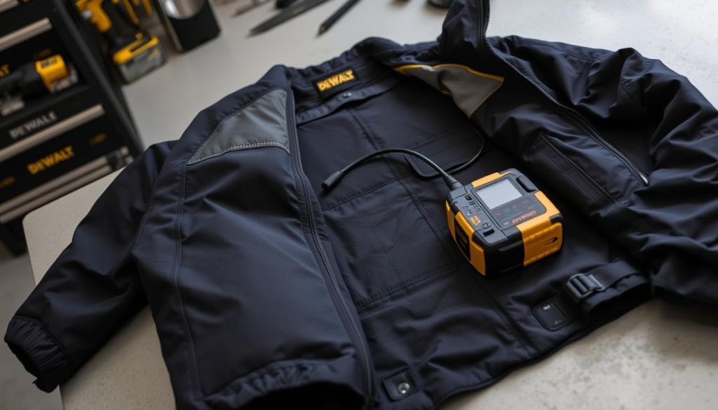 A well-lit, high-resolution image of a DEWALT heated jacket lying on a workbench, showcasing its internal components and construction details. The jacket is open, revealing the heating elements, wiring, and battery pack. The background is a clean, neutral workspace with tools and other workshop accessories visible. The lighting is soft and diffused, highlighting the jacket's durable and high-quality materials. The overall mood is informative and focused, reflecting the "Maintenance and Care Tips" section of the article.
