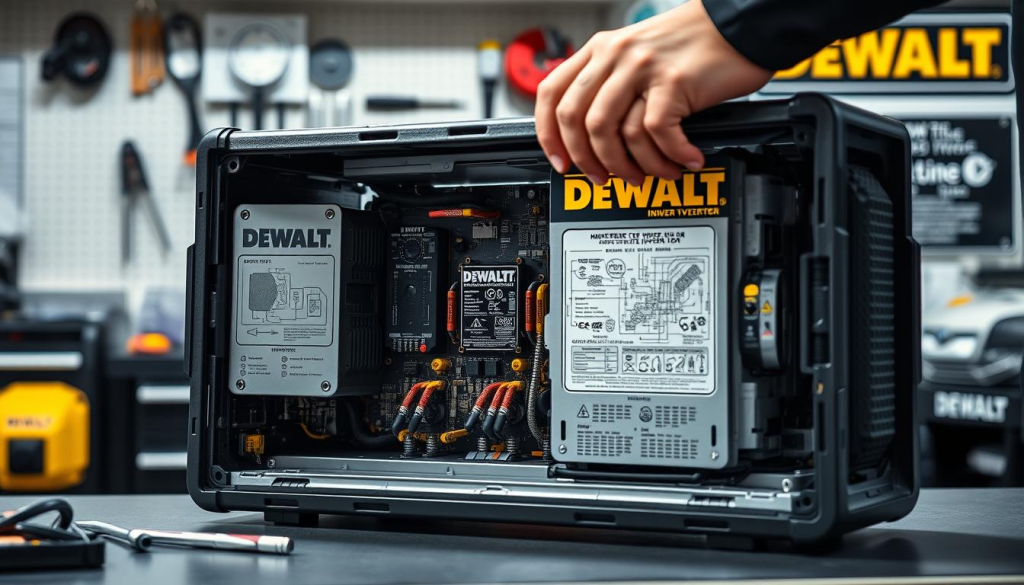 A well-lit, high-resolution image of a DEWALT inverter being serviced and maintained. In the foreground, a technician's hands are carefully opening the device's casing, revealing its intricate interior components. The middle ground showcases the inverter's various modules and circuits, with their schematics and technical specifications visible. In the background, a clean, organized workbench with specialized tools and a DEWALT logo provides a professional setting. The scene conveys a sense of precision, attention to detail, and the importance of proper maintenance for ensuring the reliable performance of this portable power solution.