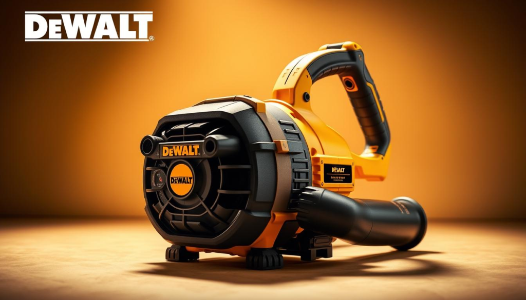 A well-lit, high-resolution image of a DEWALT jobsite blower, showcasing its robust and sturdy design. The blower is prominently displayed in the foreground, with a clean, uncluttered background that emphasizes its key features. The image captures the power and performance of the tool, highlighting its ergonomic handle, durable construction, and powerful airflow. The lighting is warm and natural, casting subtle shadows that accentuate the blower's form and details. The overall mood is one of professionalism and reliability, reflecting the product's reputation among tradespeople and DIY enthusiasts.
