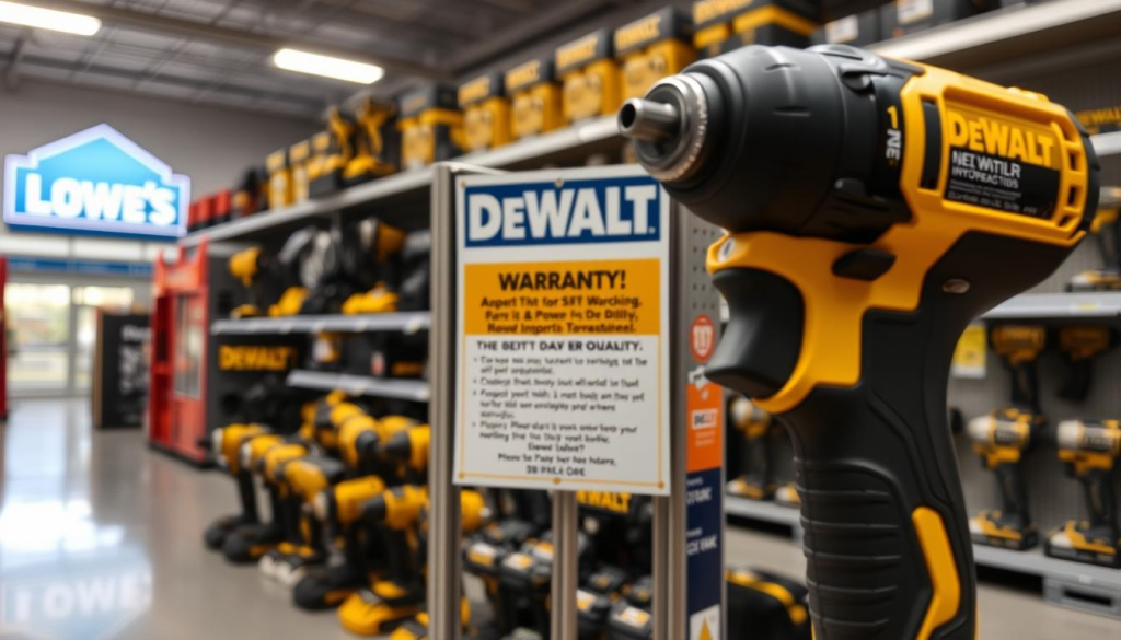 A well-lit, high-resolution image of a DEWALT power tool workshop in a Lowe's hardware store. In the foreground, a DEWALT drill or impact driver is prominently displayed, its sleek design and sturdy construction evident. In the middle ground, a DEWALT warranty information sign is clearly visible, highlighting the brand's commitment to customer service and product quality. In the background, neatly organized shelves showcase a variety of DEWALT tools, conveying a sense of reliability and professionalism. The overall scene exudes a tone of trust, durability, and Lowe's reliable partnership with the DEWALT brand.