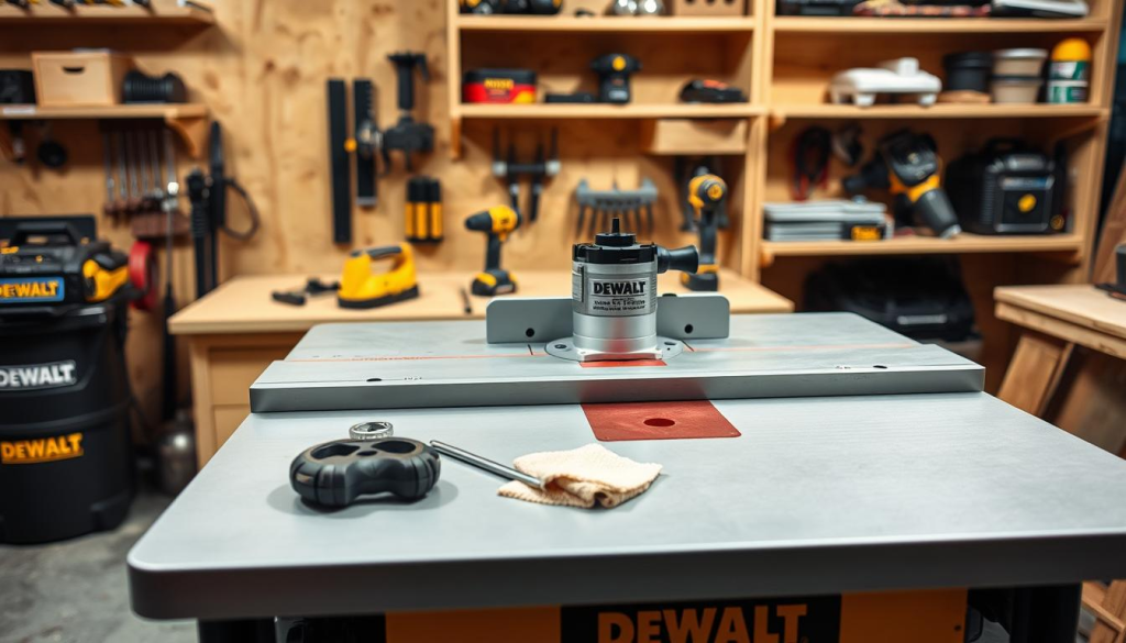 A well-lit, high-resolution image of a DEWALT router table in a woodworking workshop. The table is positioned in the foreground, with a sharp focus on its smooth, sturdy surface and the precision router nestled within. In the middle ground, various maintenance tools are neatly arranged, including a wrench, screwdriver, and cleaning cloth. The background features a wall of wooden shelves, with power tools and supplies organized for easy access. The scene conveys a sense of order, attention to detail, and a dedication to maintaining the DEWALT router table for optimal performance in woodworking projects.