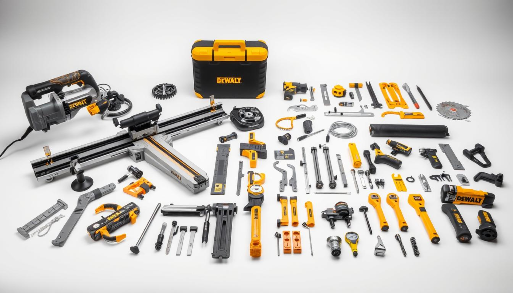 A well-lit, high-resolution image of a DEWALT track saw accessory collection, showcasing a range of specialized tools and attachments. The foreground features the main track saw, surrounded by a variety of compatible accessories such as angle guides, rip fences, and dust extraction systems, all presented on a clean, white surface. The middle ground includes additional accessories like clamps, saw blades, and measuring tools, arranged in an organized and visually appealing manner. The background subtly fades to a soft, neutral tone, allowing the product details to take center stage. The overall composition conveys a sense of professionalism, functionality, and the extensive capabilities of the DEWALT track saw system.