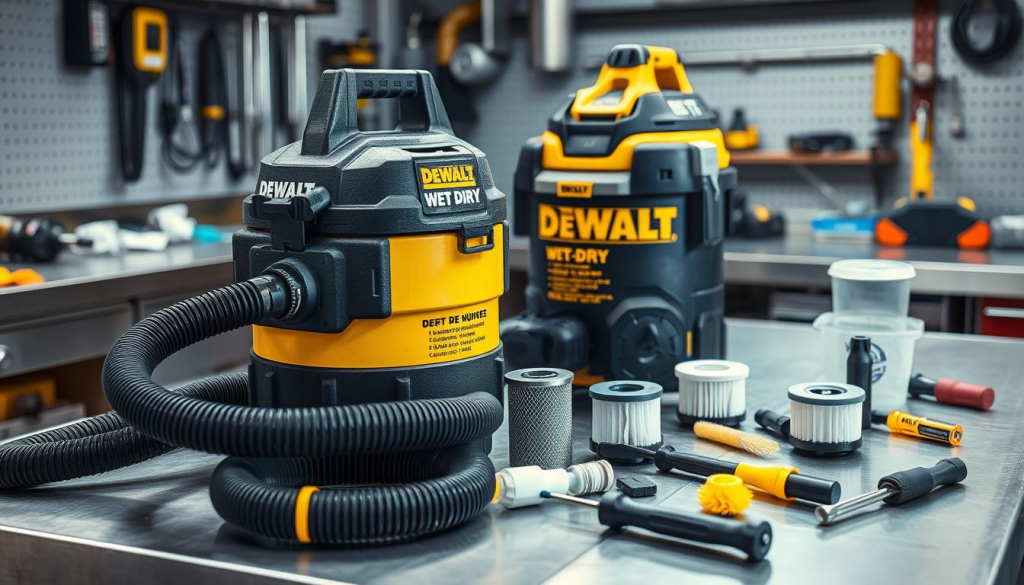 A well-lit, high-resolution image of a DEWALT wet dry vacuum undergoing routine maintenance. The vacuum is placed on a clean, metallic workbench in a workshop setting, with various maintenance tools such as screwdrivers, filters, and cleaning brushes arranged neatly around it. The vacuum's hose and accessories are visible, showcasing their durability and functionality. The lighting is soft and directional, highlighting the vacuum's sleek, black and yellow design. The overall atmosphere conveys a sense of professionalism and attention to detail, reflecting the importance of proper maintenance for this reliable workshop companion.