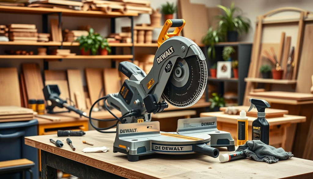 A well-lit, high-resolution image of a DeWalt 10-inch miter saw in a professional woodworking workshop setting. The saw is the focal point, situated on a sturdy workbench with various maintenance tools like brushes, lubricants, and a cleaning cloth arranged neatly around it. The background features shelves stocked with woodworking materials and a few potted plants, creating a warm, productive atmosphere. The image emphasizes the importance of regular maintenance and care to ensure the longevity and precision of this powerful woodworking tool.